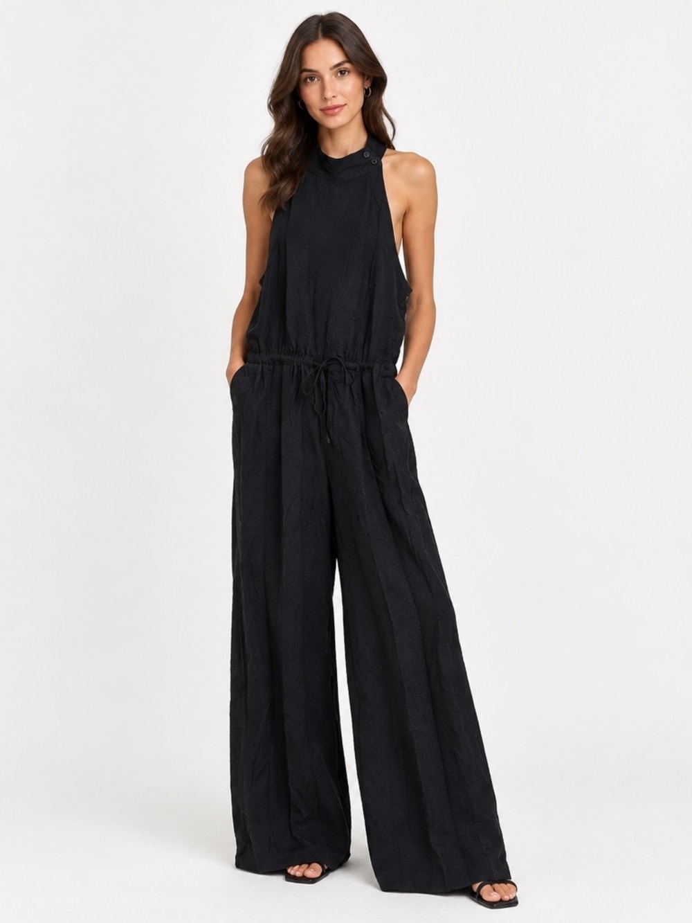 Bella Dahl | Tencel black high neck wide leg pantsuit size small